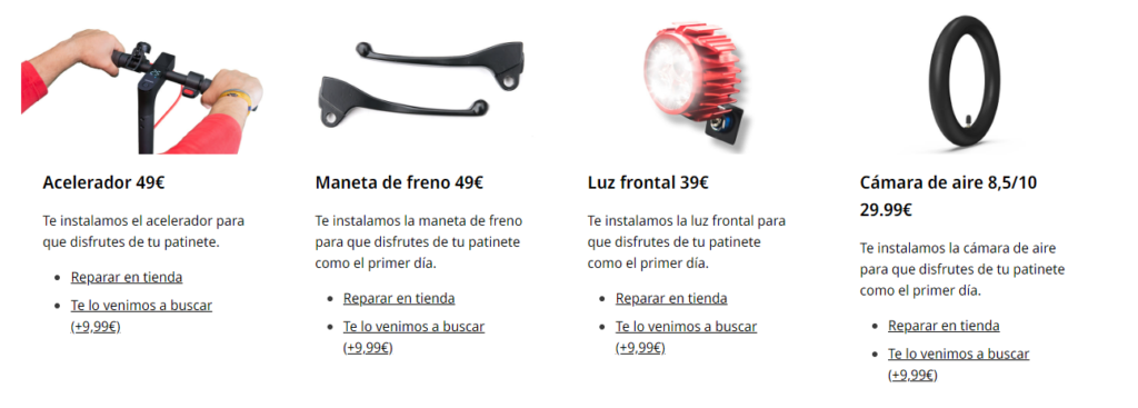 Imagen de precios que ofrece servicios el  negocio de reparación de scooters o patinetes eléctricos